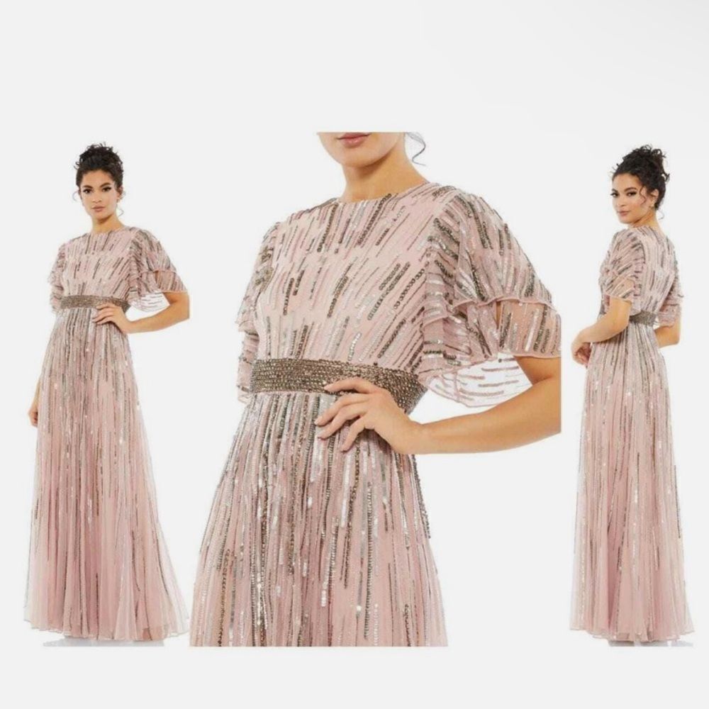 Mac Duggal Blush Sequin Embellished Full Length Layered Sleeve Gown Dress